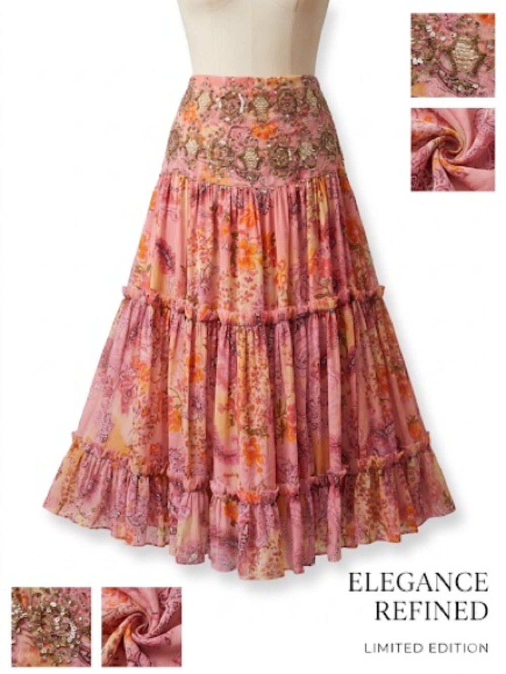 Zara Woman Y2K. Embellished Waist Printed Chiffon Skirt